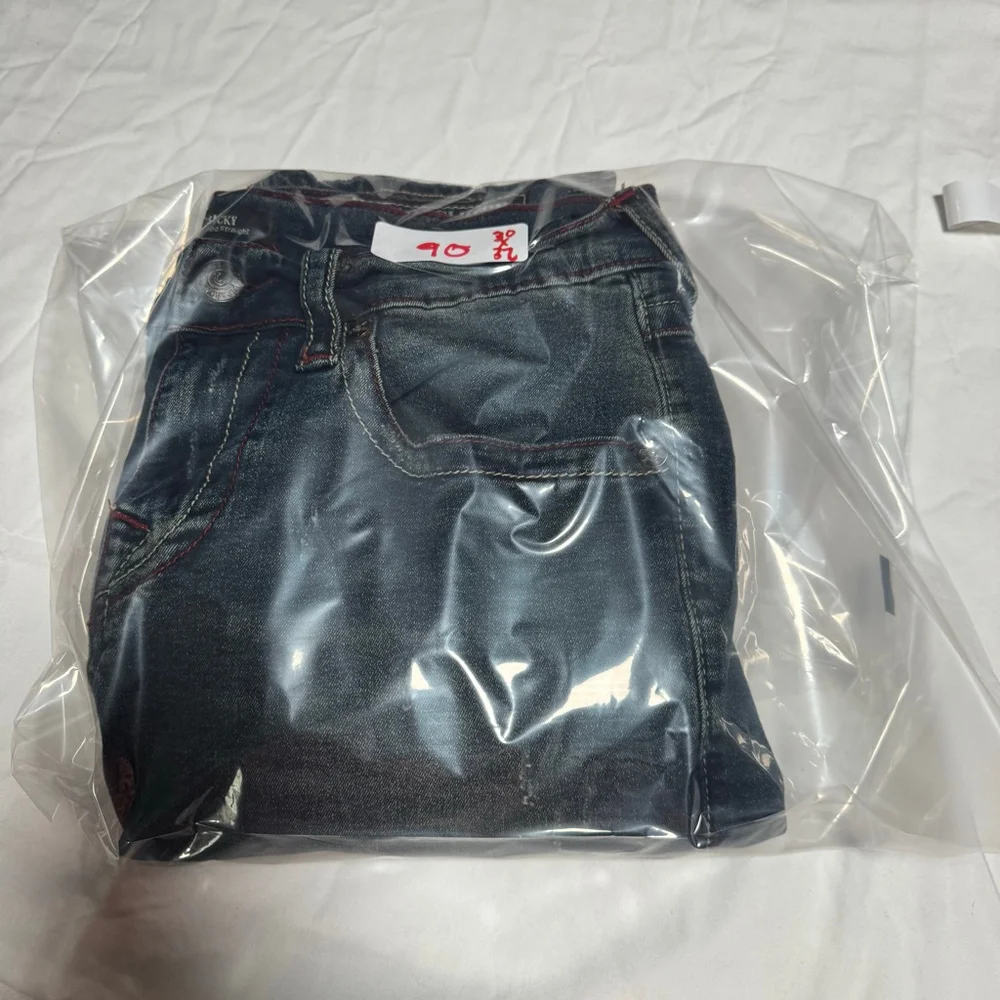 Men's True Religion Ricky Straight Jeans Waist 30 Blue with Red Stitching #90